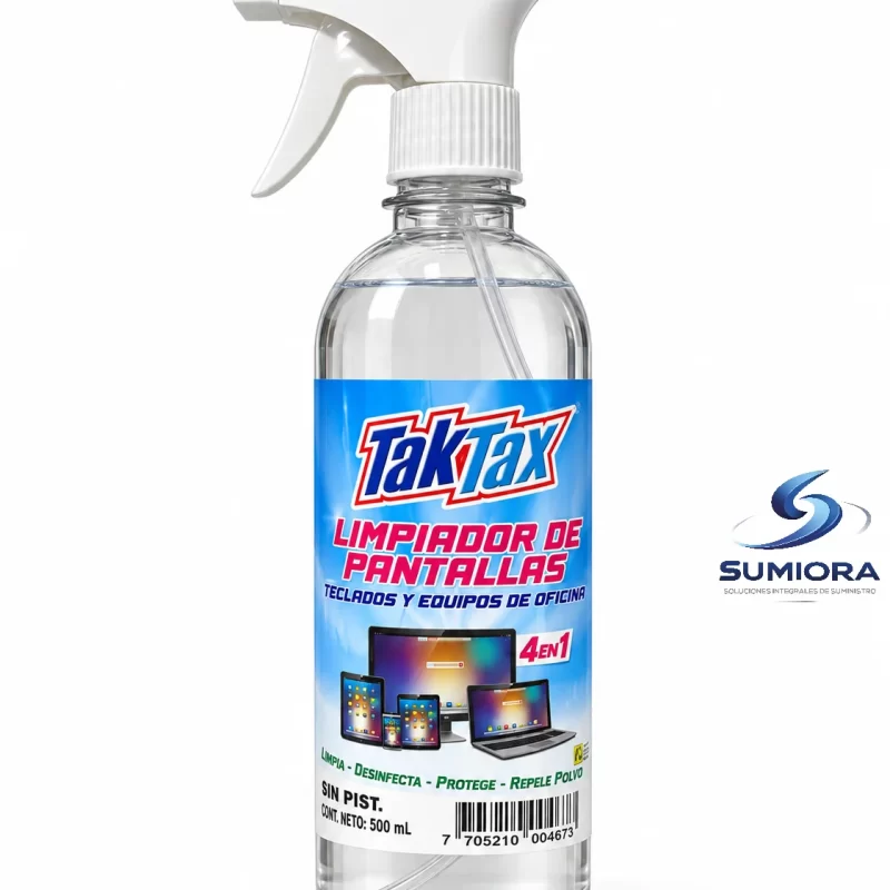 LIMPIADOR DE PANTALLAS, TECLADOS Y EQUIPO DE OFICINA 4 EN 1 TAKTAX x 500 ML
